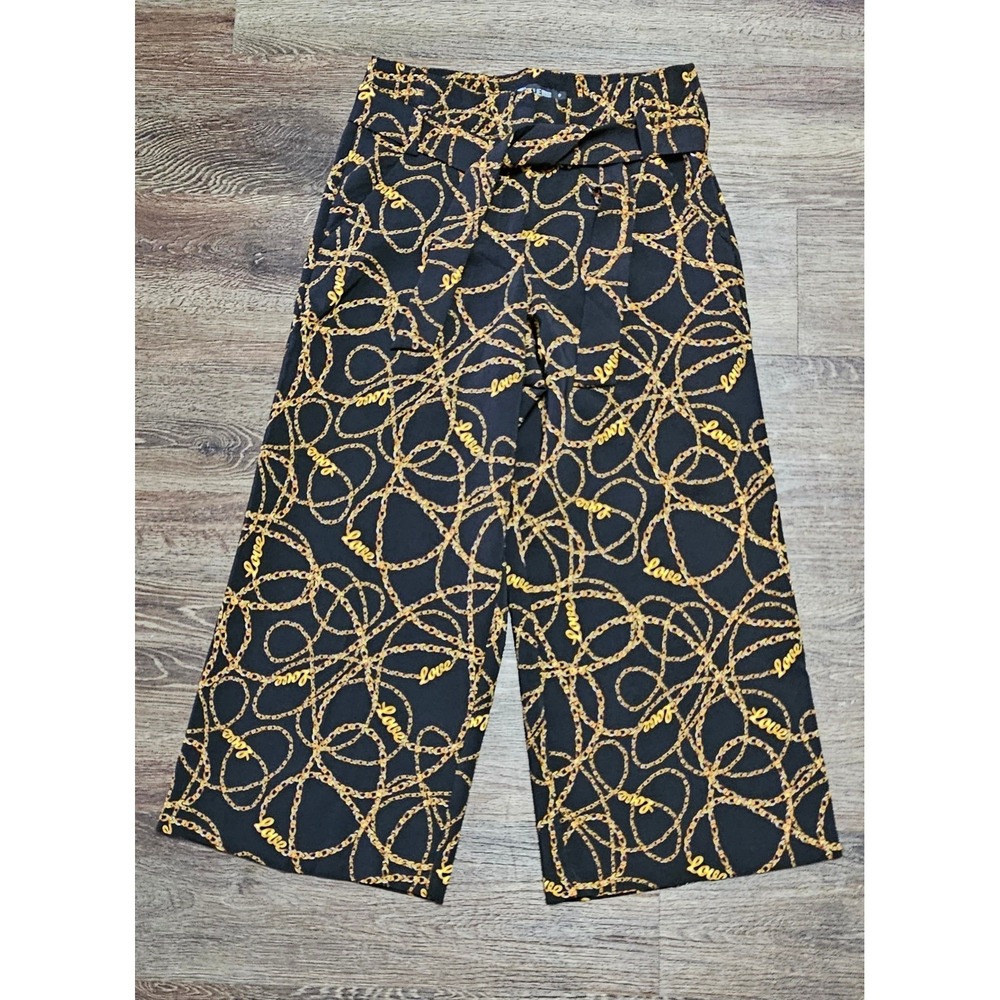 New York & Company Cropped Gold Link Chain Print Culottes Wide-leg Pants Size 8